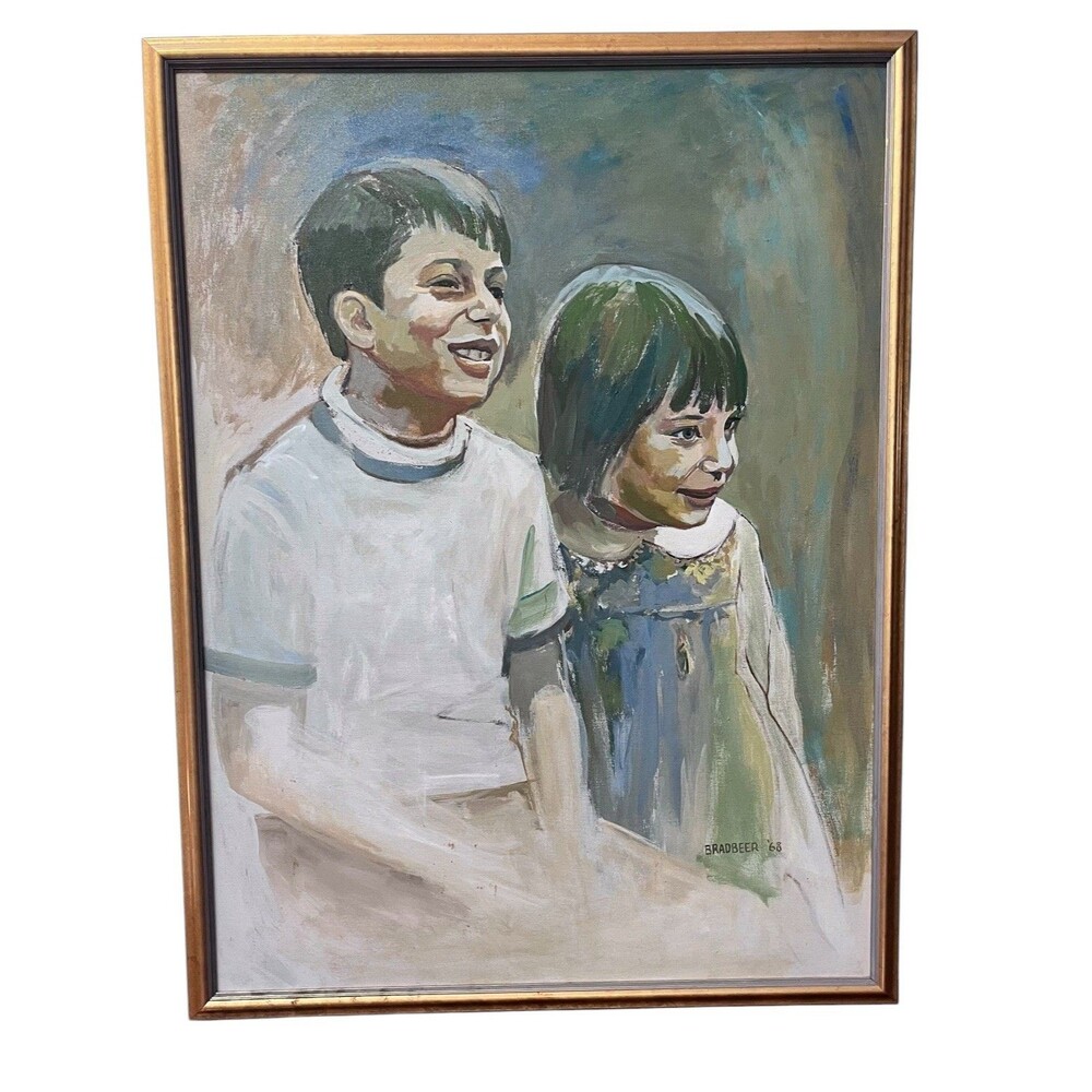 Oil Painting Portrait Children Siblings Vtg Large Gold Framed Signed Bradbeer 68